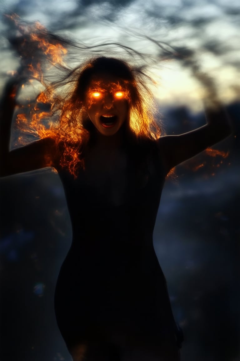 A woman with a fiery intensity in her eyes, standing against a darkened cityscape at dusk, her arms raised to the sky as she screams into the wind. The camera frames her from directly below, emphasizing her stature and defiance. Strong lighting highlights her determined expression, casting dramatic shadows on her face.