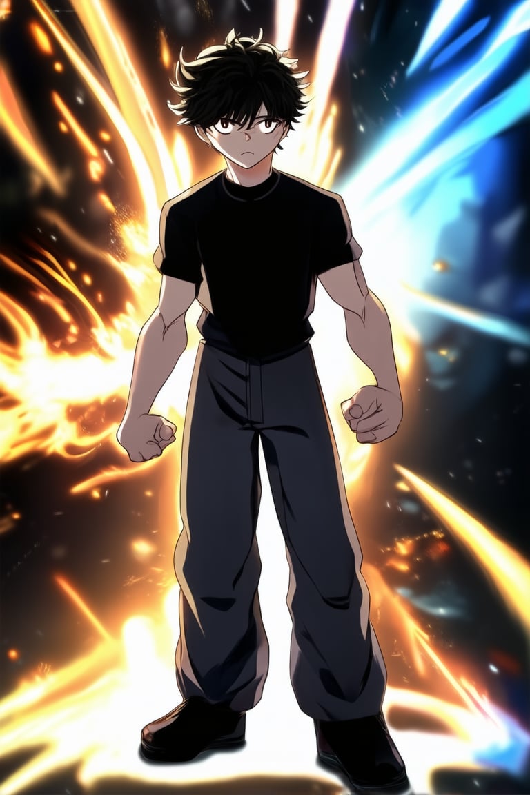 A young protagonist stands confidently in a dynamic anime stance, feet shoulder-width apart and fists clenched at sides. Eyes gleam with determination as they gaze straight ahead, framing the shot with a bold black outline. Soft, warm lighting highlights the character's striking facial features, while a vibrant color palette fills the background with action-packed explosions and swirling energy.