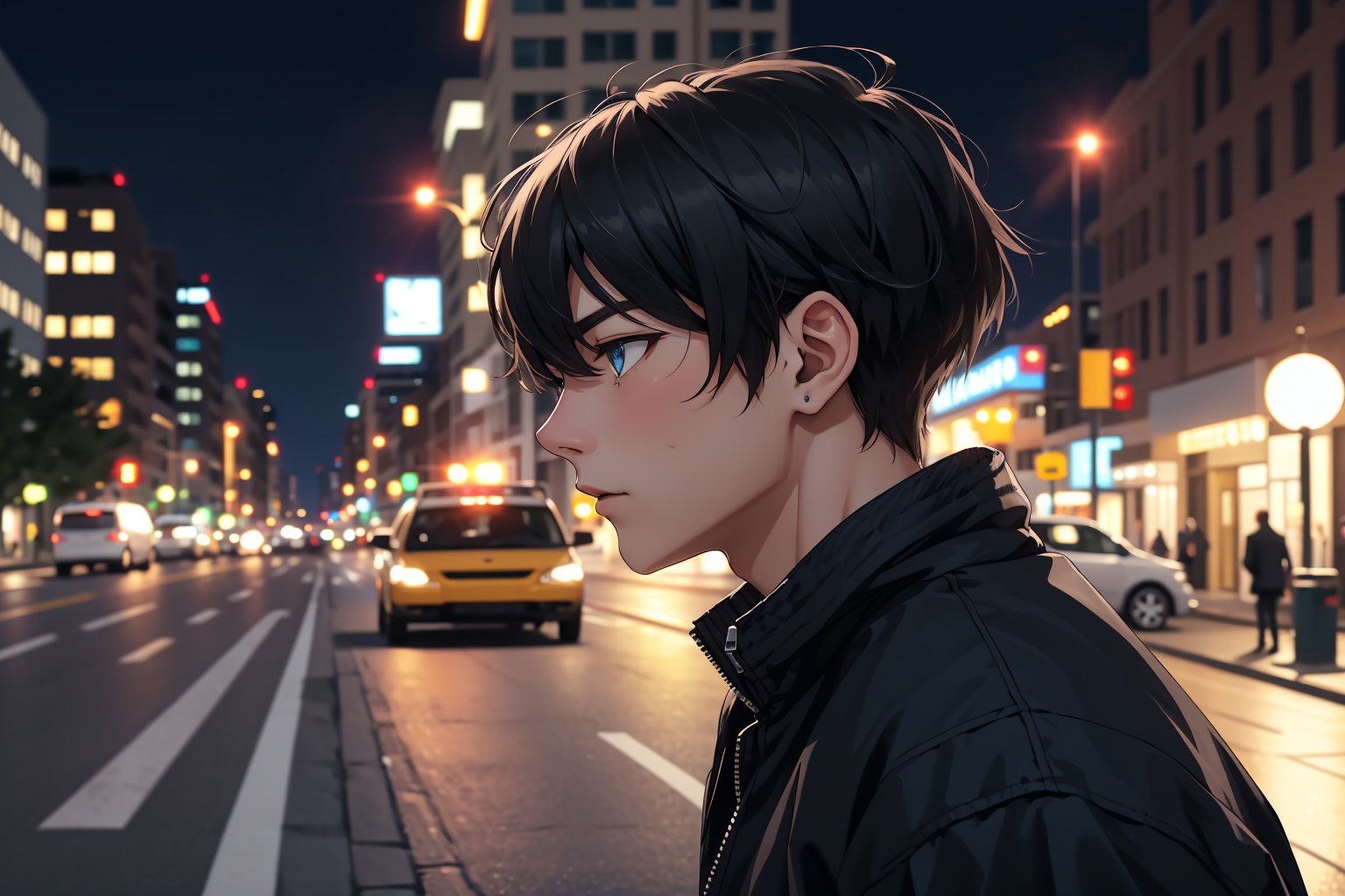 short hair, bangs, blue eyes, black hair, long sleeves, 1boy, hair between eyes, closed mouth, jacket, upper body, male focus, outdoors, solo focus, blurry, from side, black jacket, profile, night, depth of field, blurry background, ground vehicle, building, motor vehicle, zipper, city, sign, road, street