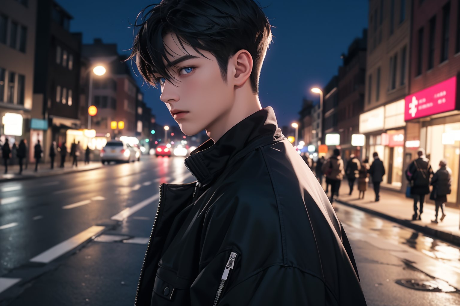 short hair, bangs, blue eyes, black hair, long sleeves, 1boy, hair between eyes, closed mouth, jacket, upper body, male focus, outdoors, solo focus, blurry, from side, black jacket, profile, night, depth of field, blurry background, ground vehicle, building, motor vehicle, zipper, city, sign, road, street