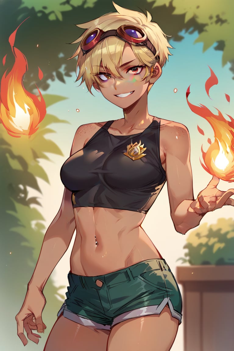 score_9, score_8_up, score_7_up, score_9, score_8_up, score_7_up, 1girl, clothed female, shiny skin, in a garden, athletic body, messy, Perfect Hands,looking at viewer, solarflare, solo, short hair, blonde hair, black top, purple eyes, clothing cutout, goggles, freckles, midriff, red goggles on head, green shorts, tanned skin, tomboy, smile, standing, hand up, flame on hand, fire, magic, ratatatat74