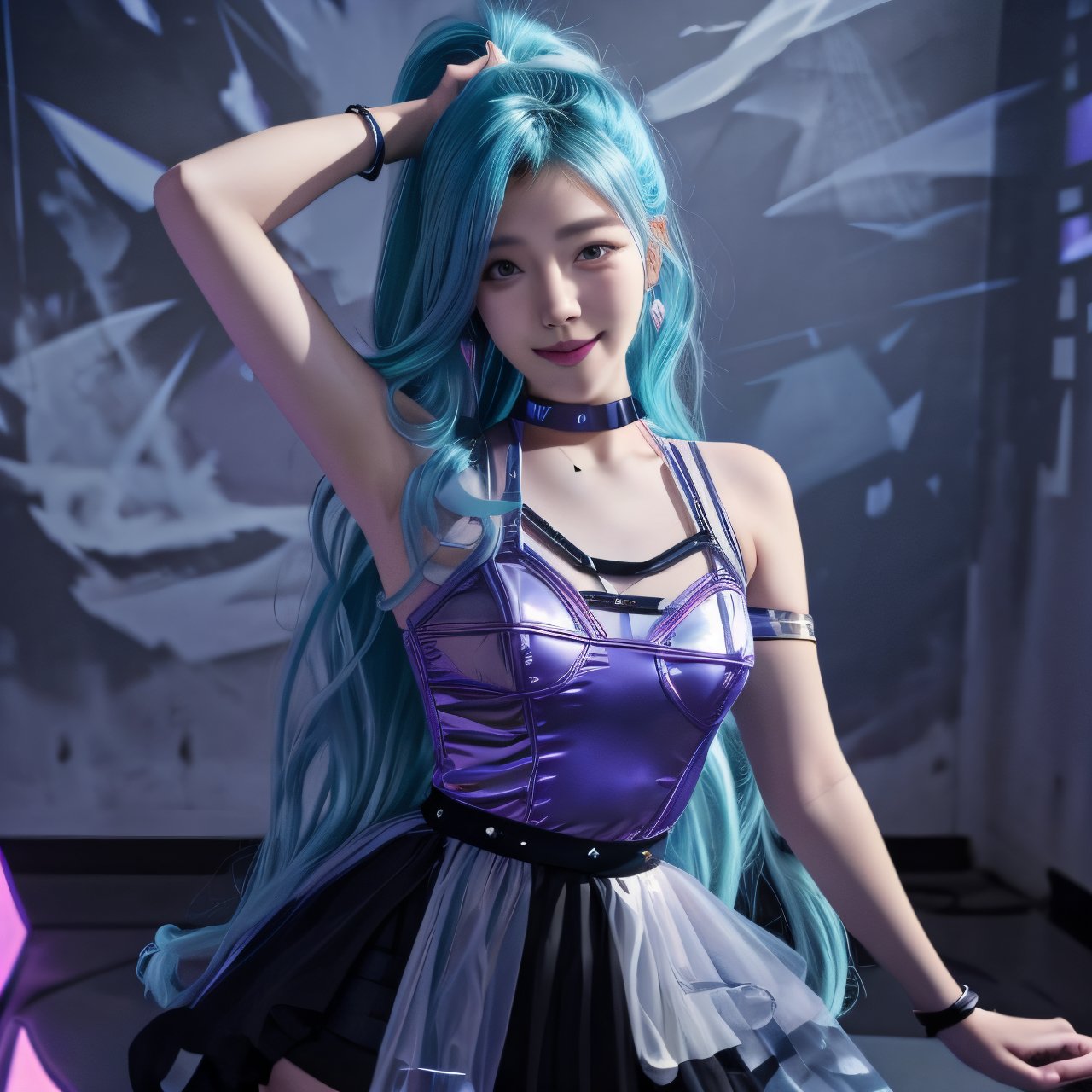 1 girl,adorable, smiling, seraphine, solo, blue hair, k/da \(league of legends\), very long hair, multicolored hair, jewelry, ponytail, blue eyes, earrings, dress, black choker, two-tone hair, purple hair, black thighhighs, bracelet, black skirt,seraphine1, beautiful face, v-line, arm up, exposing armpit,,<lora:659111690174031528:1.0>