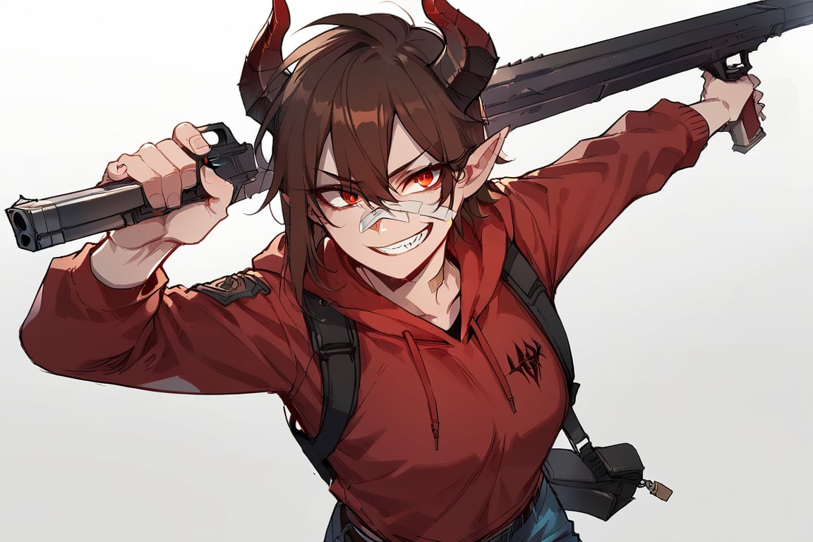 (score_9, score_8_up), score_7_up, 1girl, brown hair, pointy hair, hair similar to horns, bangs, hair between eyes, wearing red hoodies, bandage on face, blue jeans, holding weapon, gun, pistol, holding pistol, evil smile, standing, simple background, white background, Expressiveh,better_hands,ratatatat74 artstyle