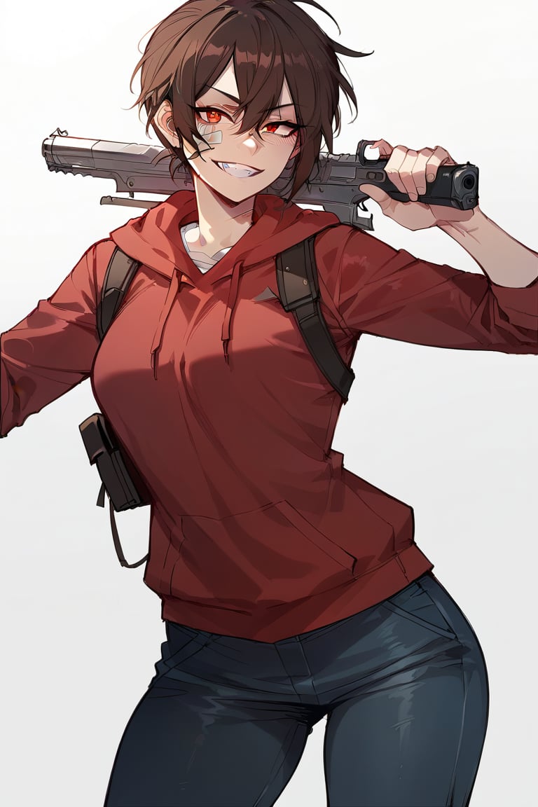 (score_9, score_8_up), score_7_up, 1girl, brown hair, pointy hair, hair between eyes, wearing red hoodies, simple hoodie, bandage on face, blue jeans, holding weapon, gun, pistol, holding pistol, evil smile, standing, simple background, white background, Expressiveh,better_hands,ratatatat74 artstyle