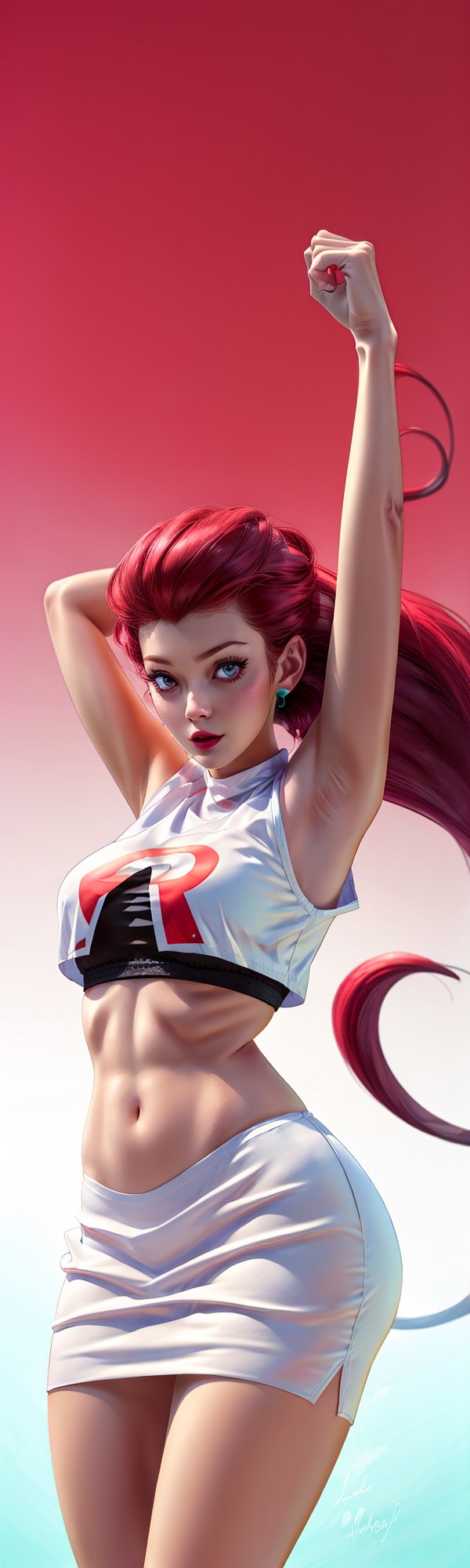 ((masterpiece, best quality)), jessie, pokemon,white top with red letter R, white skirt, pikachu background,perfect hands,sexy,curvy body,detailed face,perfect eyes,sleeveless_shirt, arms up, exposing armpits,light background,mix of fantasy and realistic elements,vibrant manga,uhd picture , crystal translucency, vibrant artwork,jessie\(pokemon\)