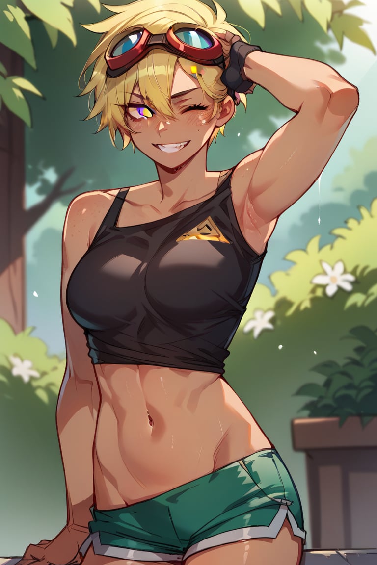 score_9, score_8_up, score_7_up, score_9, score_8_up, score_7_up, 1girl, clothed female, shiny skin, in a garden, athletic body, messy, Perfect Hands,looking at viewer, solarflare, solo, short hair, blonde hair, black top, purple eyes, clothing cutout, goggles, freckles, midriff, red goggles on head, green shorts, tanned skin, tomboy, smile, standing, winking, ratatatat74