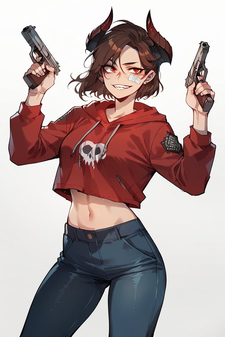 (score_9, score_8_up), score_7_up, 1girl, brown hair, pointy hair, hair horns, wearing red hoodies, bandage on face, blue jeans, holding weapon, gun, pistol, holding pistol, evil smile, standing, simple background, white background, Expressiveh,better_hands,ratatatat74 artstyle