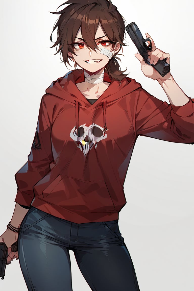 (score_9, score_8_up), score_7_up, 1girl, brown hair, pointy hair, hair between eyes, wearing red hoodies, simple hoodie, bandage on face, blue jeans, holding weapon, gun, pistol, holding pistol, evil smile, standing, simple background, white background, Expressiveh,better_hands,ratatatat74 artstyle