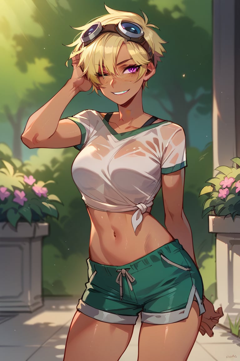 score_9, score_8_up, score_7_up, score_9, score_8_up, score_7_up, 1girl, clothed female, Expressiveh, shiny skin, in a garden, athletic body, messy, Perfect Hands,looking at viewer, solarflare, solo, short hair, blonde hair, black shirt, purple eyes, clothing cutout, goggles, freckles, midriff, goggles on head, green shorts, tanned skin, tomboy, smile, standing, winking, ratatatat74