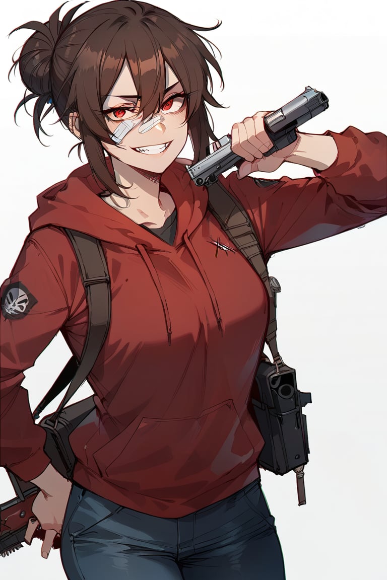 (score_9, score_8_up), score_7_up, 1girl, brown hair, pointy hair, hair between eyes, wearing red hoodies, simple hoodie, bandage on face, blue jeans, holding weapon, gun, pistol, holding pistol, evil smile, standing, simple background, white background, Expressiveh,better_hands,ratatatat74 artstyle