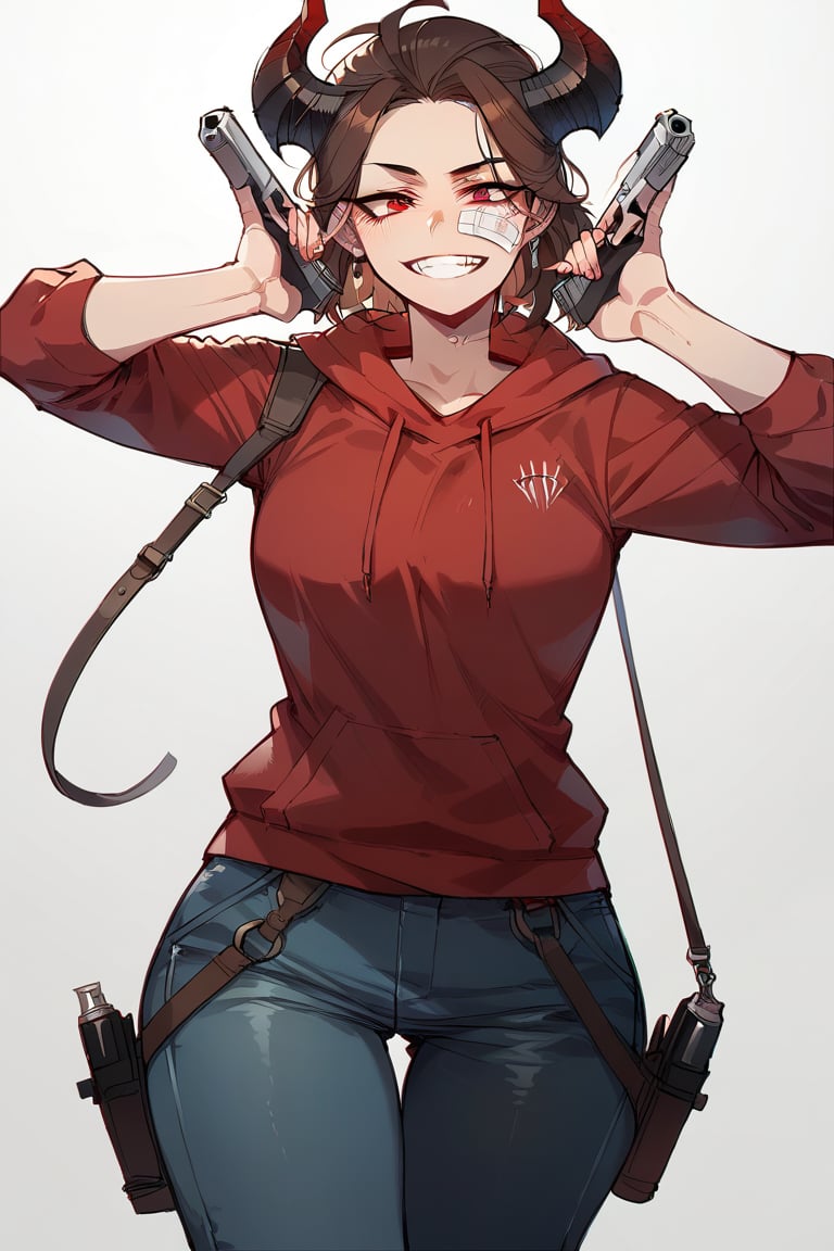 (score_9, score_8_up), score_7_up, 1girl, brown hair, pointy hair, hair horns, wearing red hoodies, bandage on face, blue jeans, holding weapon, gun, pistol, holding pistol, evil smile, standing, simple background, white background, Expressiveh,better_hands,ratatatat74 artstyle