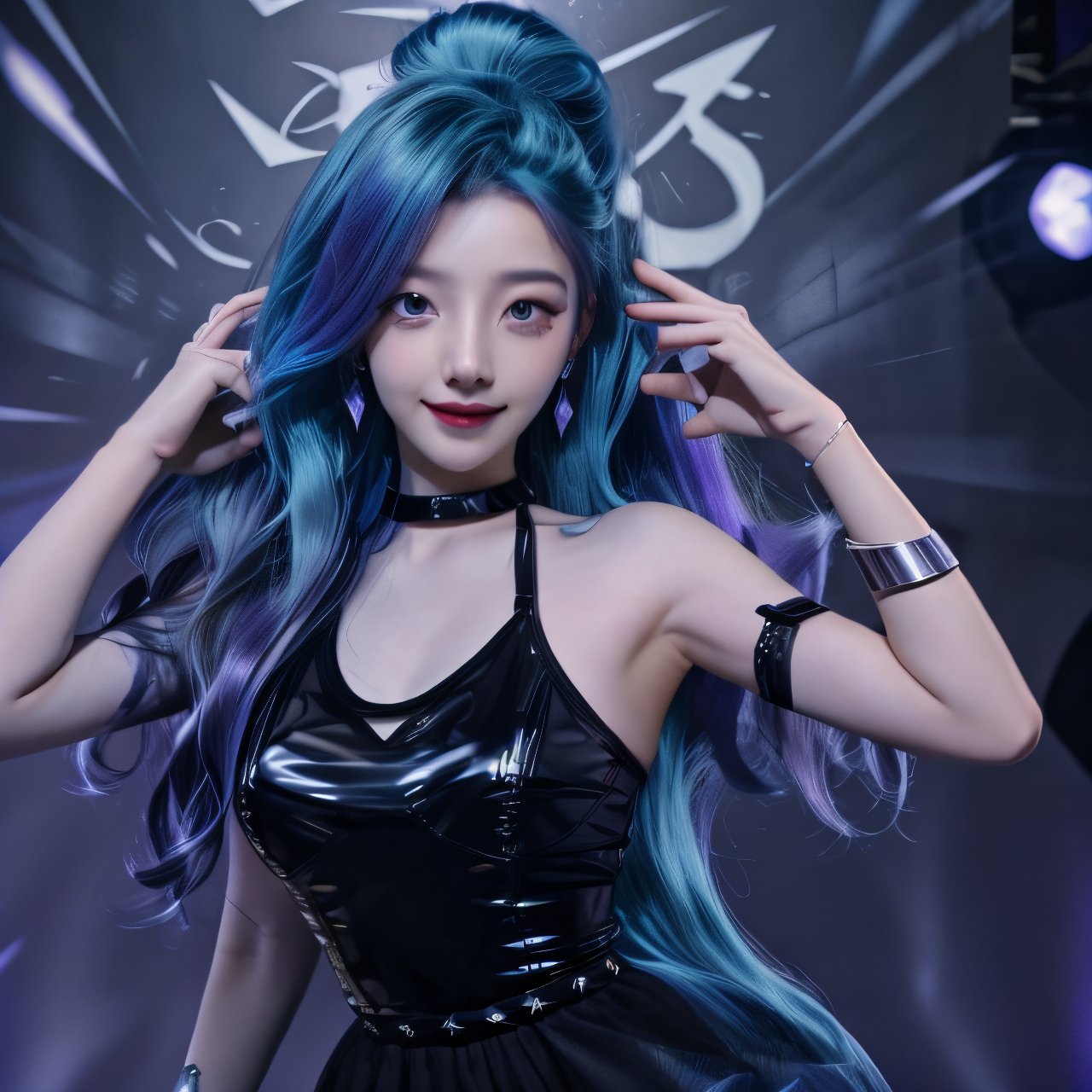 1 girl,adorable, smiling, seraphine, solo, blue hair, k/da \(league of legends\), very long hair, multicolored hair, jewelry, ponytail, blue eyes, earrings, dress, black choker, two-tone hair, purple hair, black thighhighs, bracelet, black skirt,seraphine1, beautiful face, v-line, arm up, exposing armpit,,<lora:659111690174031528:1.0>