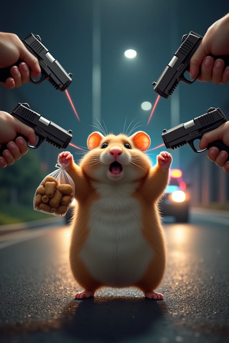 A small funny hamster stands on an asphalt road and raises his hands up. Several pistols with laser pointers are aimed at the hamster from above. The hamster has a frightened expression on his face. The fat hamster holds bags of nuts in his hands. It is dark, the hamster is under the light of spotlights, the lights of police cars are in the background. Adorable, cute, funny. realistic, higly detailed, cinematic, cartoonish atmosphere