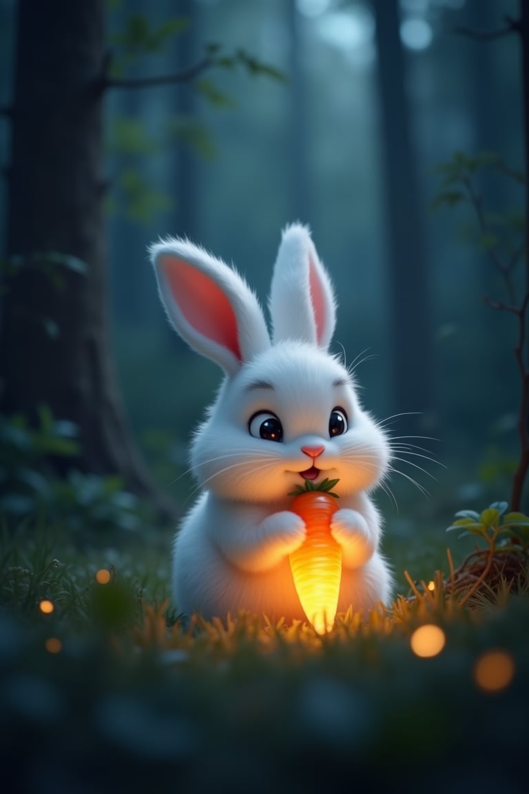 A cute white fluffy bunny in the dense forest holding a glowing carrot in its paws. The fluffy little bunny looking at the glowing carrot with surprise. Night, darkness, a small light from the carrot. Adorable, cute, peaceful, realistic, higly detailed, cinematic, cartoonish atmosphere