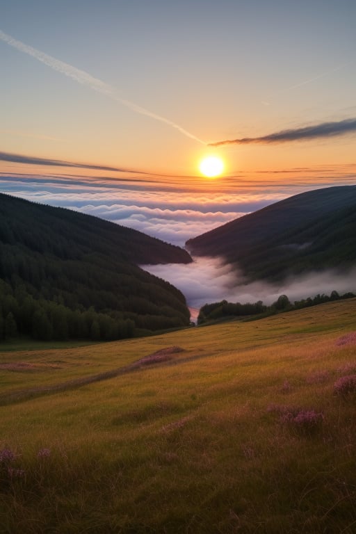 masterpiece, best quality, vivid colors, high quality, RAW photo, rural, Norway, dream nature, primeval wild, evening, picturesque forest, pink sunset, grass, bright clouds, beautiful sky, sun, desolate landscape, fog, colorful scenery, realistic, epic atmosphere,