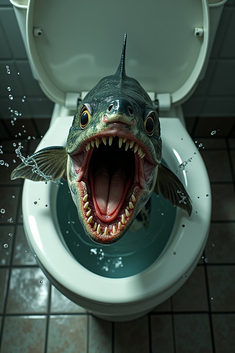 View of the toilet from above. A scary piranha jumps out of the toilet. The piranha looks very dangerous and angry. The piranha has sharp teeth and rough scales. Splashes fly in all directions.