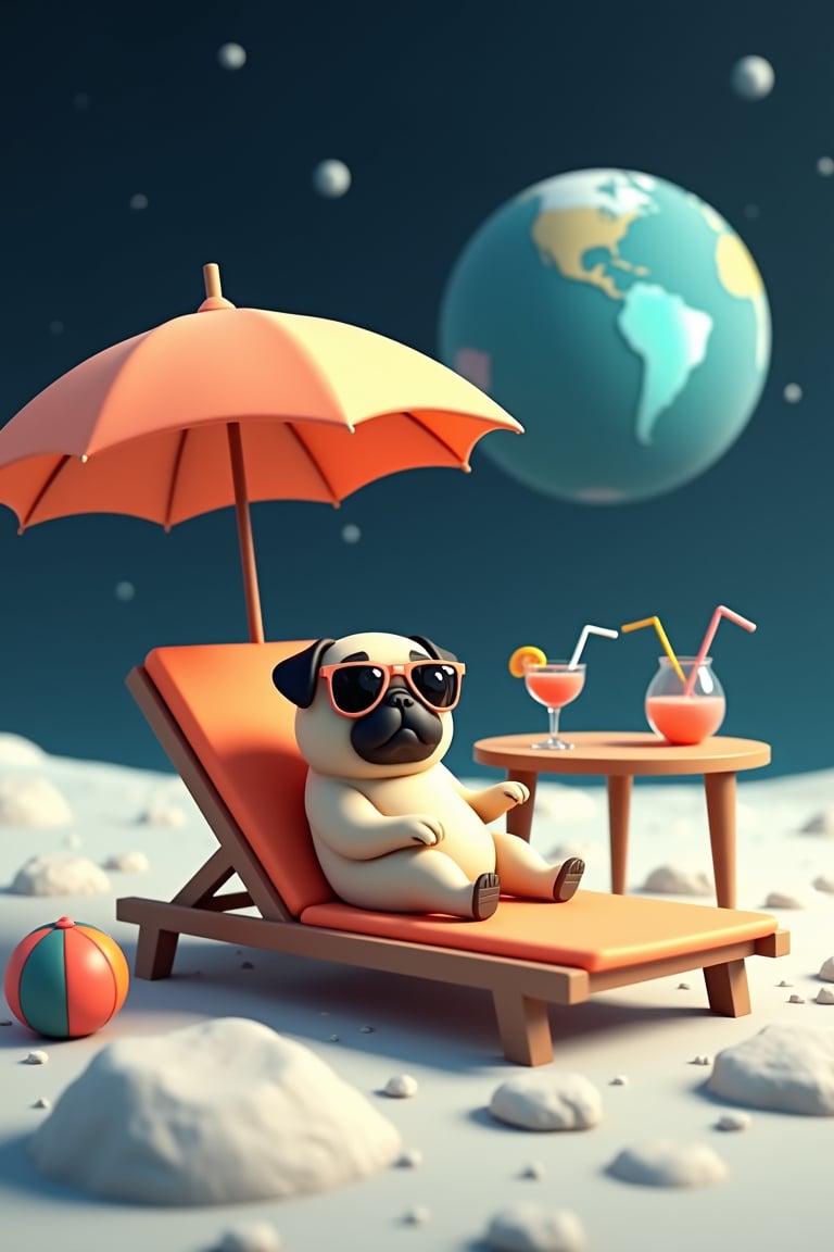 Surface of the Moon. A funny pug in sunglasses is relaxing on a beach lounger under a beach umbrella. Next to the cute pug there is a table with a cold cocktail with a straw on it. There is a beach ball nearby. The big planet Earth is in the background of the pug on the Moon. Adorable, cute, funny, 3D illustration.