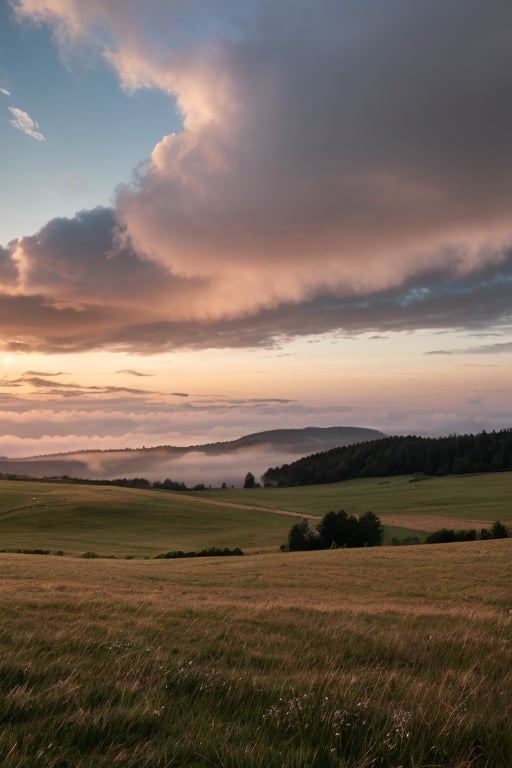 masterpiece, best quality, vivid colors, high quality, RAW photo, rural, Norway, dream nature, primeval wild, evening, picturesque forest, pink sunset, grass, bright clouds, beautiful sky, sun, desolate landscape, fog, colorful scenery, realistic, epic atmosphere,