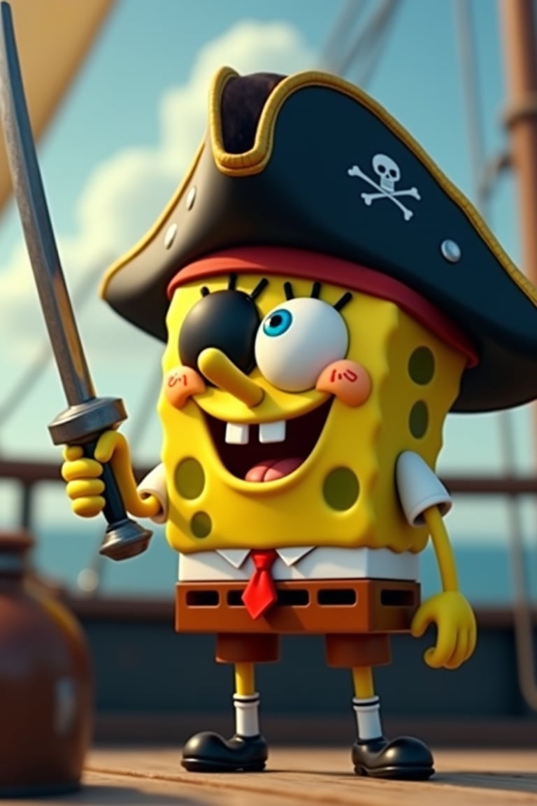 Spongebob is standing on a pirate ship and pointing a saber to the side. Spongebob has a pirate tricorn hat on his head and a leather belt on his body. Spongebob has a black occluder on one eye. Spongebob holds a pirate saber in his hand and points to the side as an order to attack. realistic, higly detailed, cinematic, cartoonish atmosphere