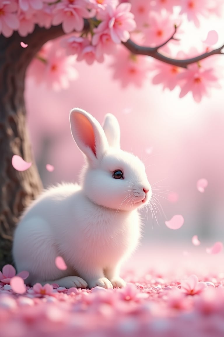 A white fluffy rabbit sits under a blossoming cherry tree. Pink petals and leaves fall from the tree. There are many pink petals on the ground. Blurred pink background. Professional photo, ultra-realistic, higly detailed, atmospheric perspective