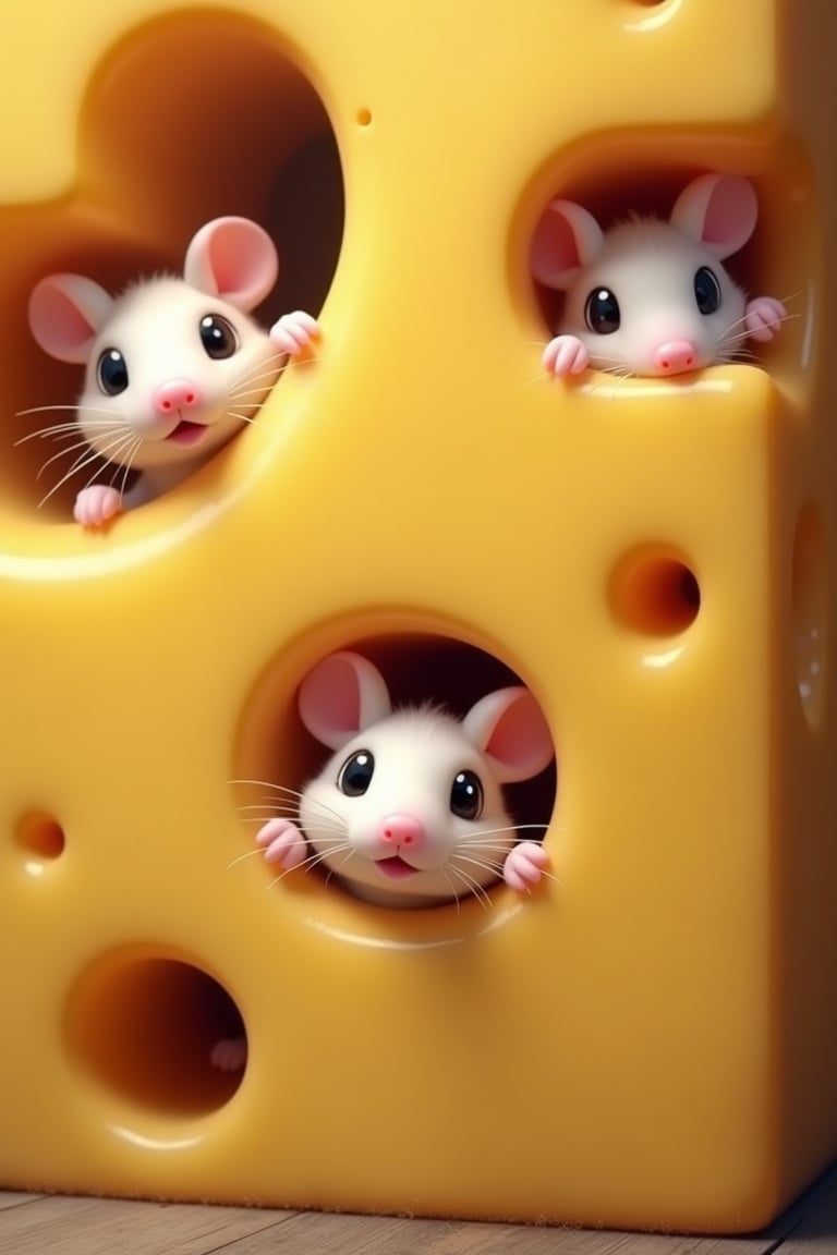 A huge piece of cheese with holes. Cute little mice's faces are peeking out of the holes. The mice have pink noses and black round eyes. Some mice are surprised, and some are very happy. Adorable, cute, funny. realistic, higly detailed, vivid colors, cozy atmosphere