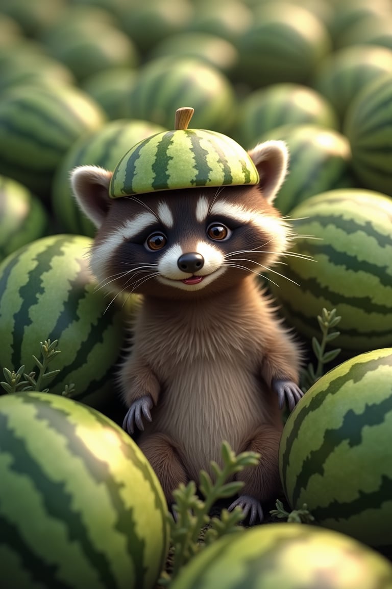 A cute little raccoon sits among a huge pile of watermelons. The raccoon has half a watermelon on his head like a hat. The raccoon's ears stick out of the watermelon hat. The raccoon has a friendly happy smile. The raccoon has round funny baby eyes. Around the cute little raccoon there are endlessly many whole watermelons. Adorable, cute, funny. realistic, higly detailed, cinematic, cartoonish atmosphere