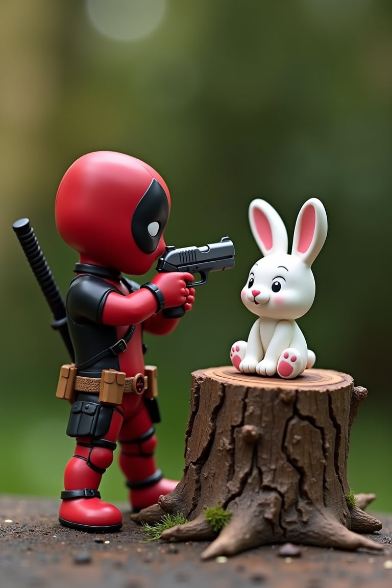 A tabletop figurine of Deadpool standing next to a tree stump with a cute white bunny sitting on it. Deadpool is aiming a pistol at a cute white bunny sitting on a tree stump. The tabletop figurine is made of plaster and painted in bright colors. Photograph, realistic, higly detailed, atmospheric perspective