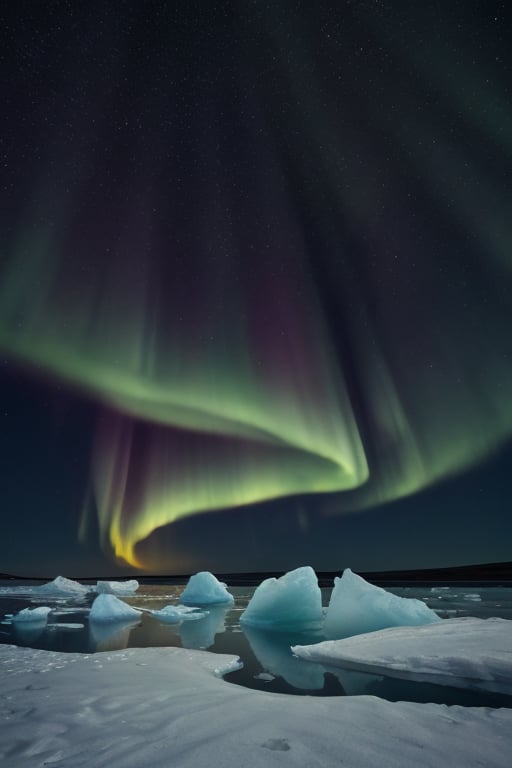 masterpiece, best quality, vivid colors, high quality, RAW photo, northern, Arctic, dream nature, primeval wild, night time, picturesque icebergs, aurora, winter ocean, bright stars, beautiful sky, desolate landscape, colorful scenery, realistic, epic atmosphere, ice floes, dark, vignette,