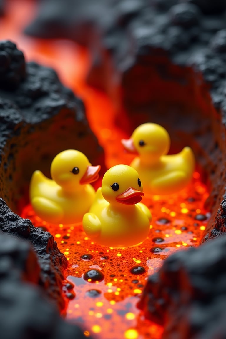 Rubber yellow duck toys on liquid lava in the mouth of a volcano. realism, digital art, vivid colors, close-up, photograph.