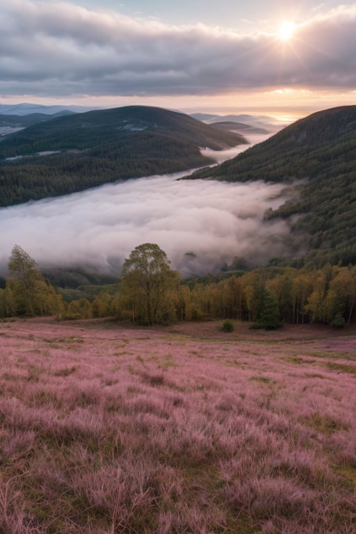 masterpiece, best quality, vivid colors, high quality, RAW photo, rural, Norway, dream nature, primeval wild, evening, picturesque forest, pink sunset, grass, bright clouds, beautiful sky, sun, desolate landscape, fog, colorful scenery, realistic, epic atmosphere,