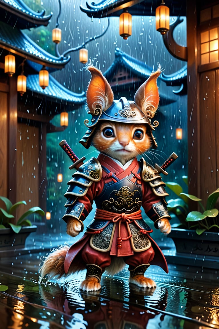 Hyper-detailed  painting, Jean-Baptiste Monge style, a gang of cute samurai little squirels gathered in the rain under an samurai armor, splash, glittering, cute and adorable, filigree, lights, fluffy, magic, surreal, fantasy, digital art, ultra hd, hyper-realistic illustration, vivid colors,  UHD, cinematic perfect light,greg rutkowski