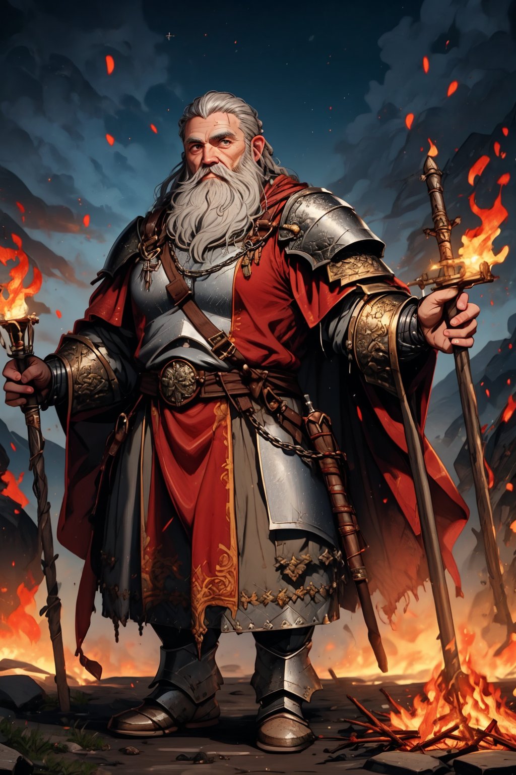 duergar dwarfwith ,LIGHT GRAY eyes with a little glowing, long gray braided beard with red traces in it
full body image
empty tabard with chain mail
paladin with purification and fire holding holy symbols with a giant maul in one hand

