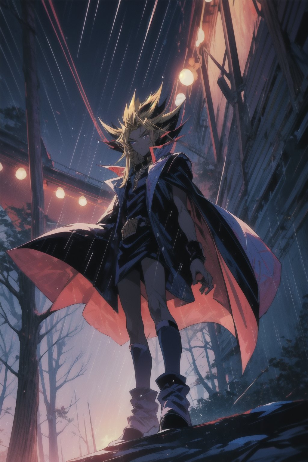 only, masterpiece, high quality and highly detailed, full body of Yami from Yu-Gi-Oh, big and intense eyes, dark purple, almost reddish, with thin and angular eyebrows, has light-colored skin, an exaggerated hairstyle, with locks that rise in sharp points, the base of his hair is black, but has a blonde outer layer that surrounds his face, in addition, he has purple locks at the tips, dark shades of paint, is in a forest under the rain