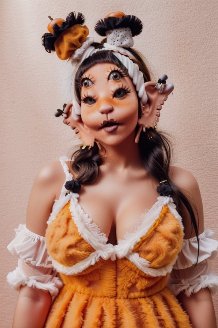 a woman, 4 eyes, pumpkin vibe, fuzzy pumpkin orange dress with a fuzzy headband and black face makeup, clear 