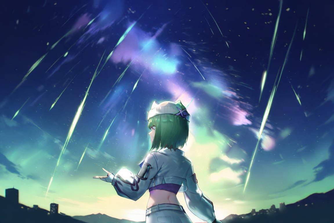 Ela,green hair,green eyes,short hair,purple crop top,cat ears headwear,hat,white opened jacket,fingerless gloves,long sleeves,white pants,masterpiece,best quality,illustration,ultra detailed,hdr,Depth of field,(colorful),Artist rokusai,night,fantasydi,onnk,meteor shower