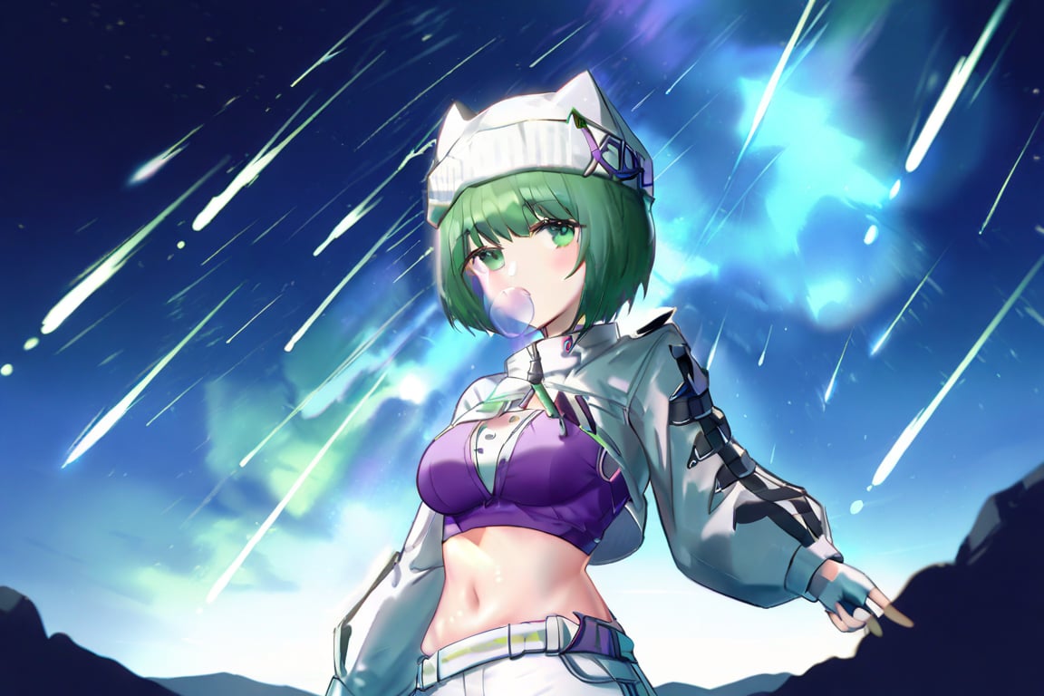 Ela,green hair,green eyes,short hair,purple crop top,cat ears headwear,hat,white opened jacket,fingerless gloves,long sleeves,white pants,masterpiece,best quality,illustration,ultra detailed,hdr,Depth of field,(colorful),Artist rokusai,night,fantasydi,onnk,meteor shower,looking at viewer