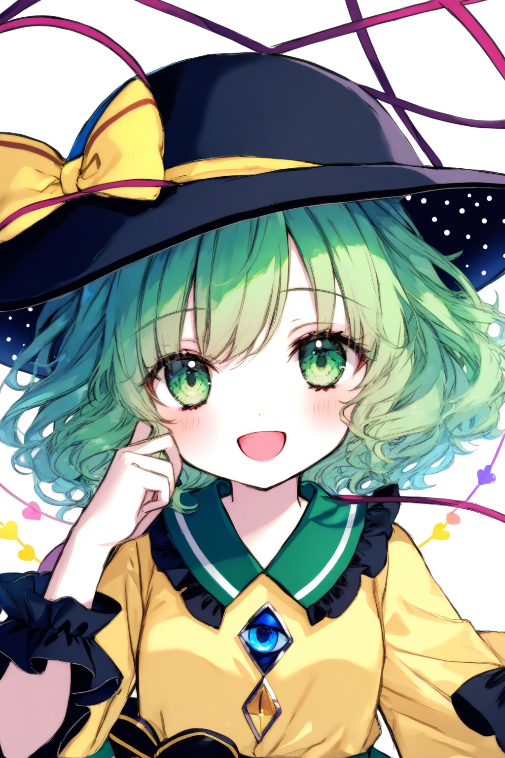 solo, cute lady, (komeiji koishi, third eye), upper body, blush, open mouth, smile, hand on cheek, sparkle,illustration,ultra detailed,hdr,Depth of field,(colorful),Artist rokusai,komeiji_koishi, 1girl, third_eye, yellow_shirt, black_hat, green_hair, frilled_sleeves,frilled_shirt_collar, wide_sleeves, hat_bow, green_eyes, green_skirt, heart_of_string, yellow_bow, hat_ribbon, diamond_button, yellow_ribbon, eyeball