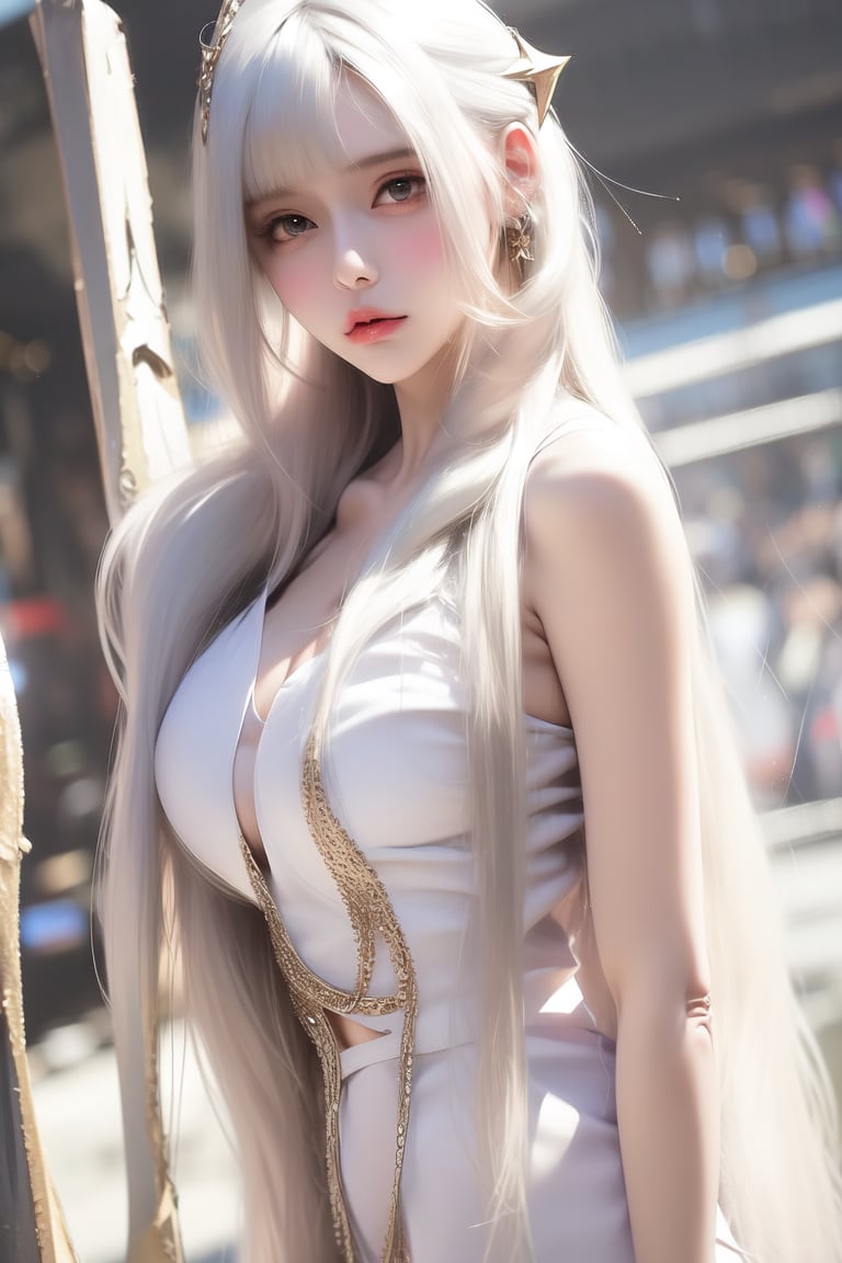 1girl, solo, long hair, breasts, bangs, blue eyes, hair ornament, dress, holding, bare shoulders, medium breasts, very long hair, white hair, sky, white dress, banana, copyright name, feet out of frame, star \(sky\), holding banana, starry sky