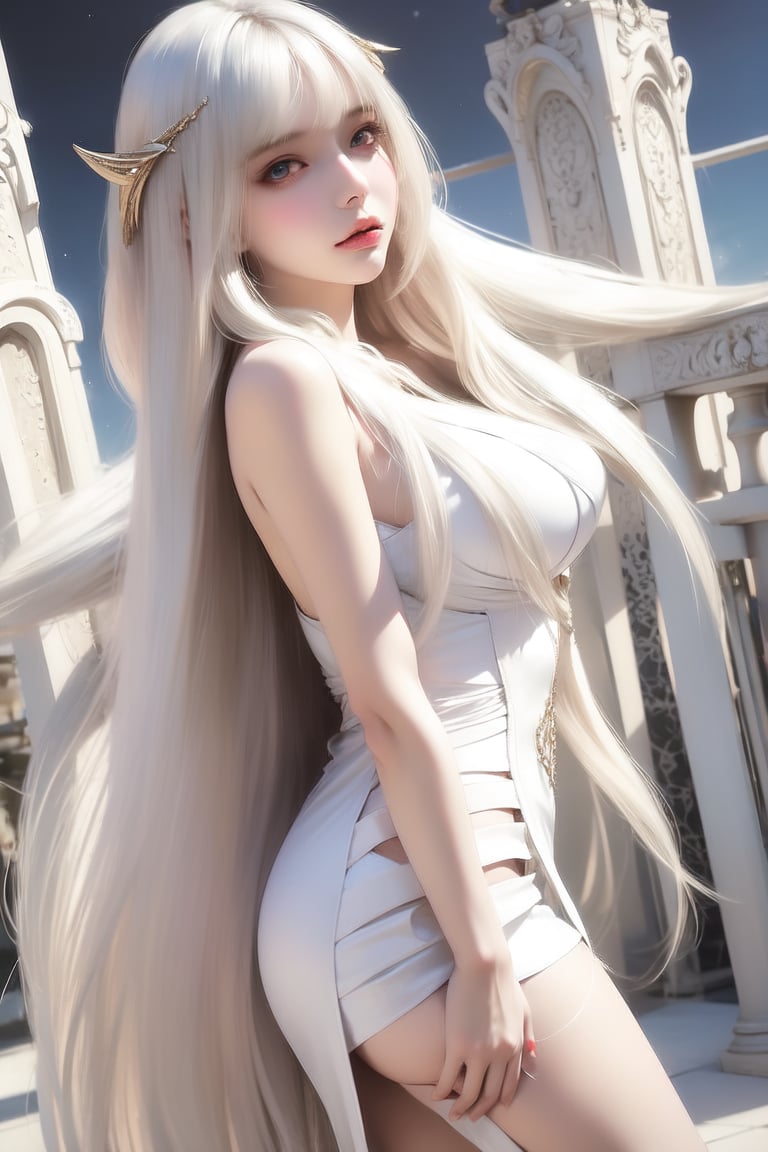 1girl, solo, long hair, breasts, bangs, blue eyes, hair ornament, dress, holding, bare shoulders, medium breasts, very long hair, white hair, sky, white dress, banana, copyright name, feet out of frame, star \(sky\), holding banana, starry sky