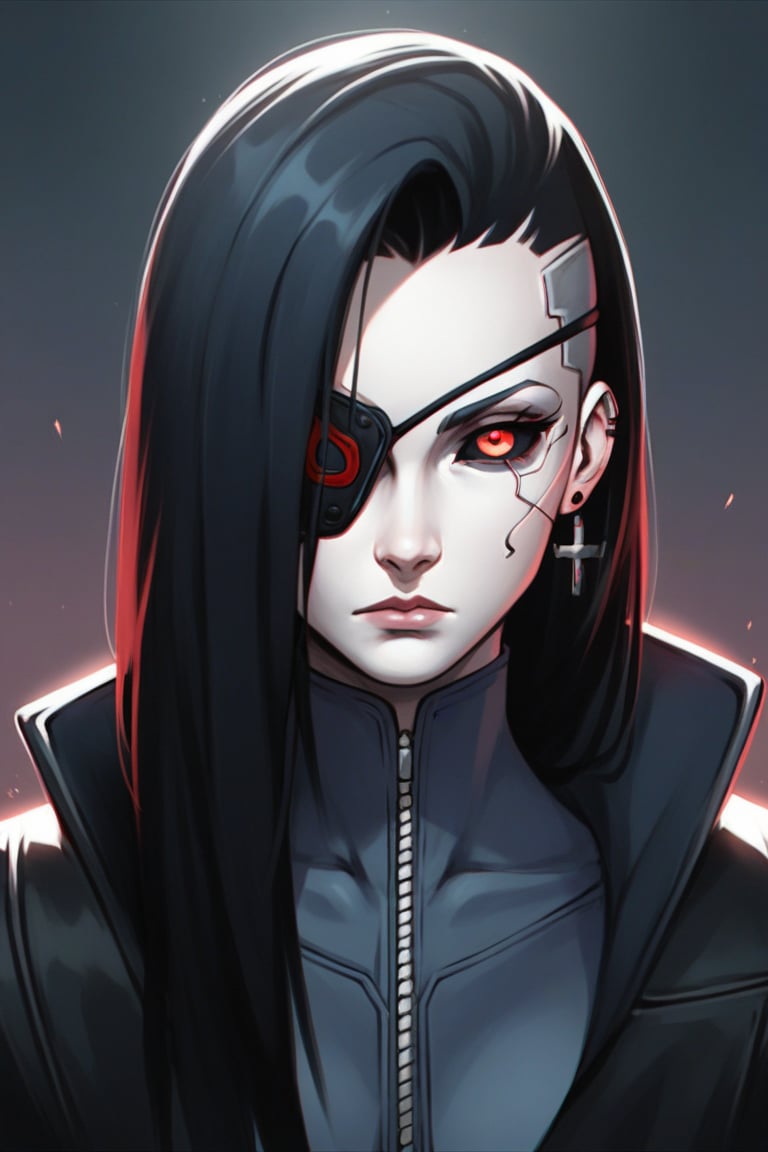 (score_9, score_8_up), score_7_up, zPDXL, 1girl, upper body, black mantle, earrings, cyberpunk, eyepatch, neon eyepatch, black hair, wild hair, long hair, red eyes, looking at viewer, expressionless, dark, dark theme, black sclera, konohagakure symbol, forehead protector, naruto \(series\), , sinozick style