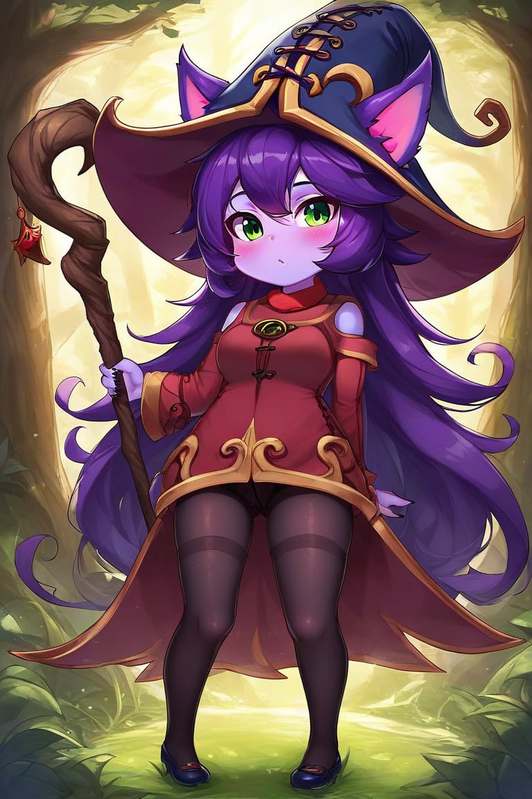 1girl, solo, long hair, looking at viewer, blush, blue eyes, thighhighs, hat, dress, animal ears, green eyes, full body, purple hair, pantyhose, striped, black pantyhose, witch hat, staff, ears through headwear, yordle, lulu \(league of legends\)