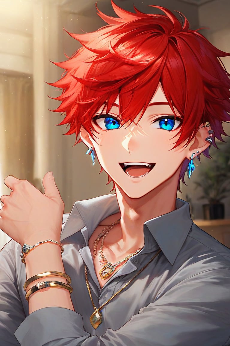 solo, looking at viewer, smile, short hair, open mouth, bangs, blue eyes, shirt, long sleeves, 1boy, jewelry, upper body, male focus, red hair, earrings, teeth, collared shirt, necklace, blurry, bracelet, piercing, ear piercing, grey shirt