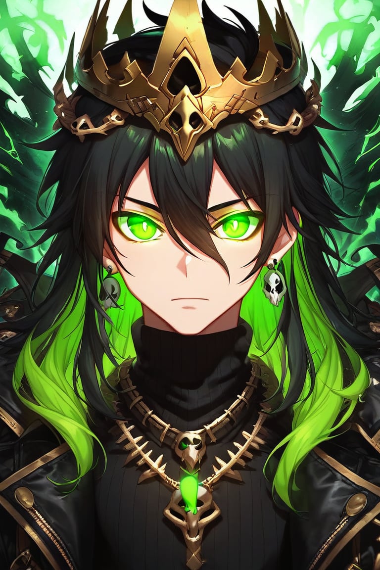 solo, looking at viewer, bangs, black hair, 1boy, hair between eyes, jewelry, closed mouth, green eyes, jacket, upper body, male focus, multicolored hair, earrings, green hair, necklace, black shirt, glowing, turtleneck, crown, glowing eyes, skull, colored inner hair, black sweater