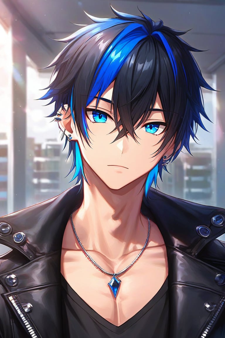 solo, looking at viewer, bangs, blue eyes, shirt, black hair, 1boy, hair between eyes, jewelry, closed mouth, blue hair, collarbone, jacket, upper body, male focus, multicolored hair, earrings, necklace, black jacket, head tilt, black shirt, piercing, ear piercing