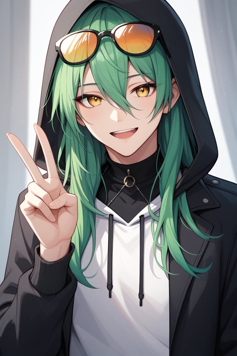 score_9, score_8_up, score_7_up, score_6_up, score_5_up, score_4_up, best quality, masterpiece, super detailed, extreme detailed, 1boy, ezr3al hs, male focus, green hair, long hair, yellow eyes, solo, bangs, hair between eyes, , eyewear on head, tinted eyewear, looking at viewer, smile, open mouth, black pants, hoodie, hood, v