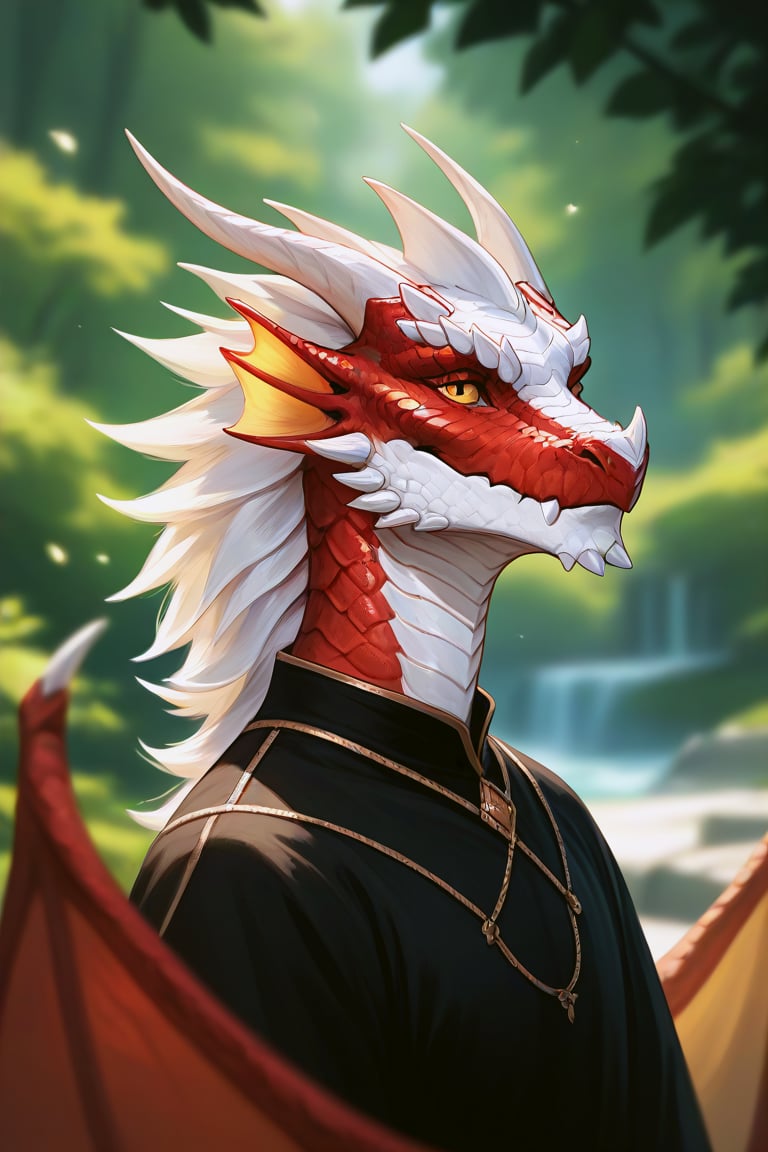 (((beautiful, high quality))), upper body, score_9, score_8_up, score_7_up, solo,
looks at the viewer, 
Dragonborn, furry dragon,
1boy, yellow eyes, white scales, black dress, red scales,
outdoor, fantasy background, nature, blurred background,