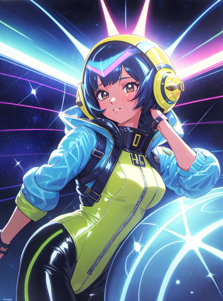 a girl, thunder yellow jacket, tight suit,Space helm of the 1960s,and the anime series G Force of the 1980s,Darf Punk wlop glossy skin, ultrarealistic sweet girl, space helm 60s, holographic, holographic texture, the style of wlop, space, 