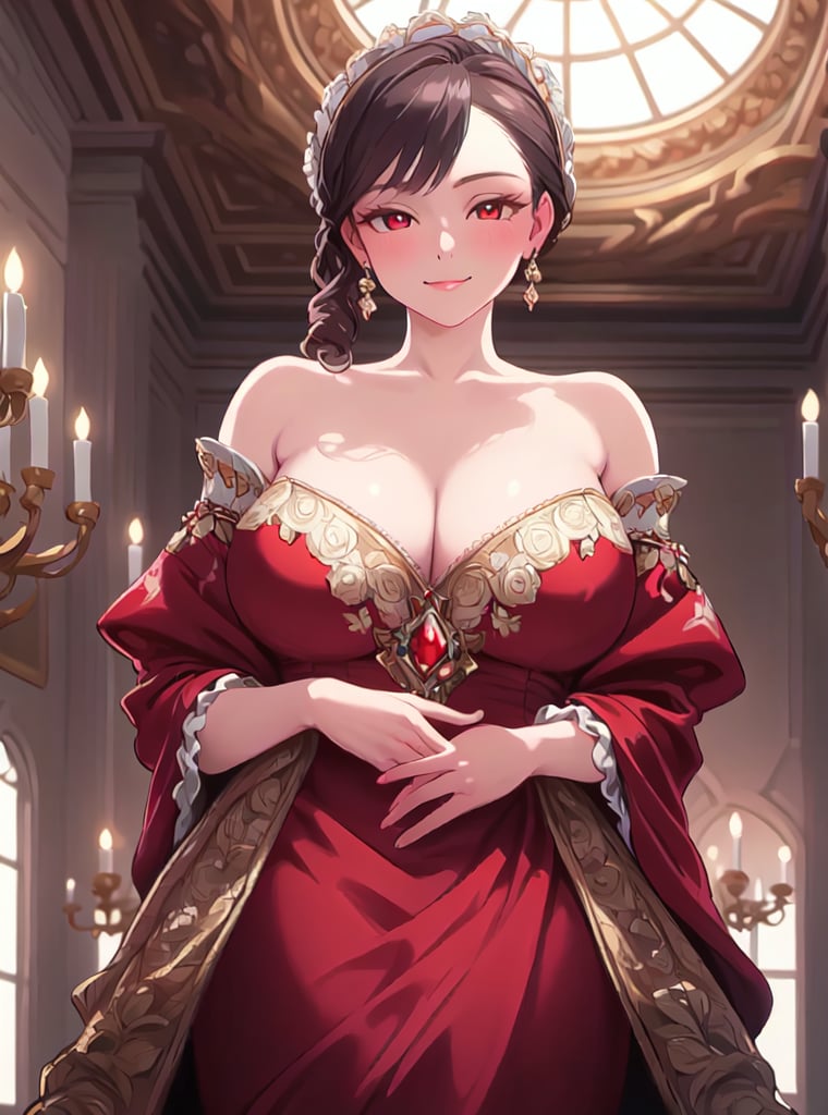 A serene Rococo-inspired masterpiece, set against a complex background of intricately rendered floral patterns and subtle textures. A stunning young woman, radiant in a flowing red dress and red eyes, warmly smiles with beautifully detailed eyes that seem to sparkle like gemstones. Her gaze is soft and inviting, as if sharing a secret only with the viewer. The overall lighting is warm and gentle, with soft shadows accentuating her porcelain complexion. The entire scene is brought to life through vivid, UHD-quality oil paint strokes, evoking the opulence and elegance of 18th-century European art.