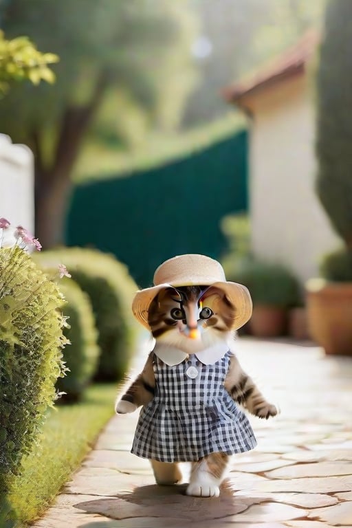 Calico cat in a fashionable dress with a sun hat in a garden pathway, vintage style, soft focus, natural light, impressionistic, outdoor serenity --ar 1:1