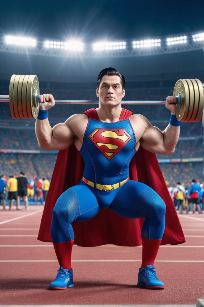 look at viewer, superman character, weightlifter, (lifting dozens of medals), weightlifting, in the stadium, a bunch of paparazzi, taking pictures, high quality, 8k, award-winning photos, surreal photos